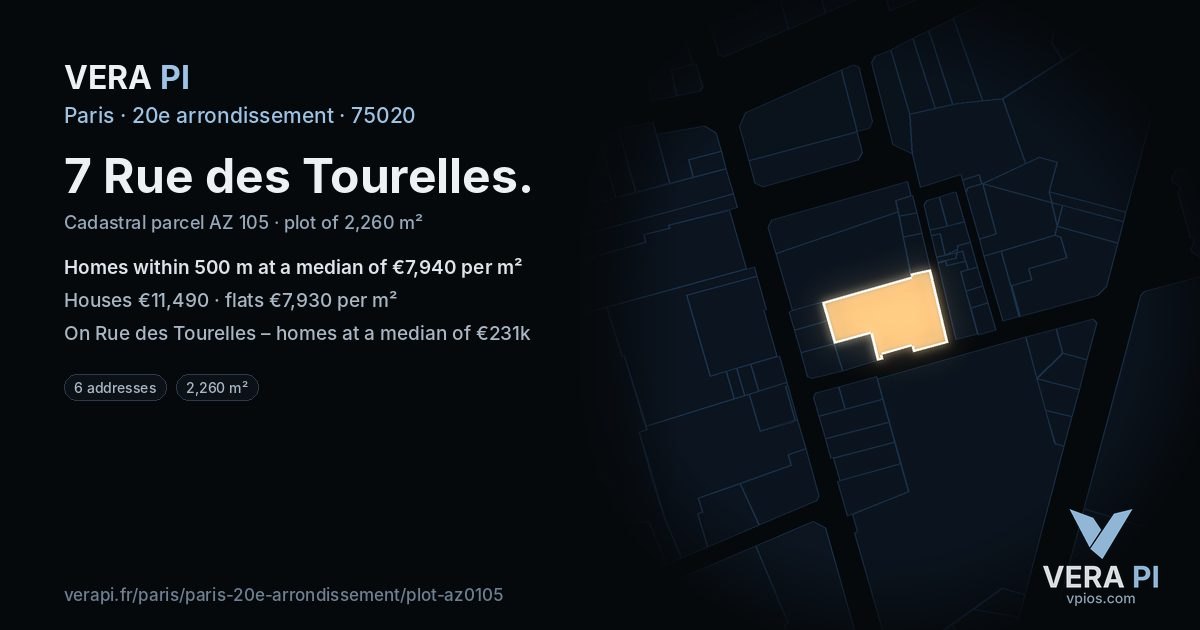 7 Rue des Tourelles, 20e arrondissement at night – the plot lit, the parcels around coloured by the prices near them