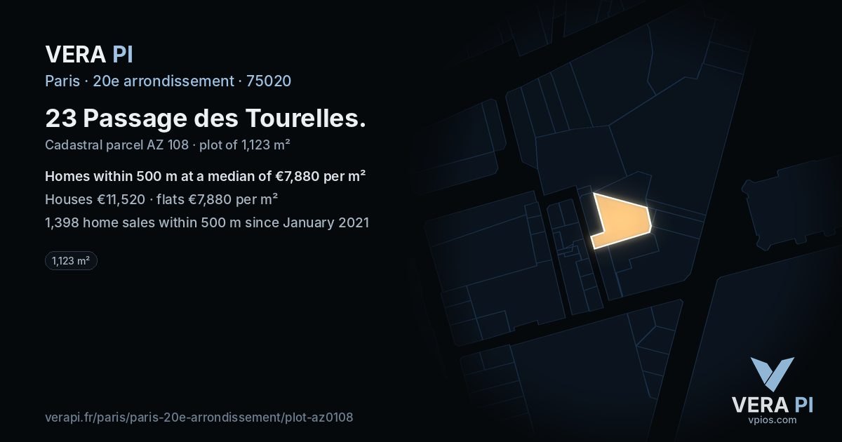 23 Passage des Tourelles, 20e arrondissement at night – the plot lit, the parcels around coloured by the prices near them