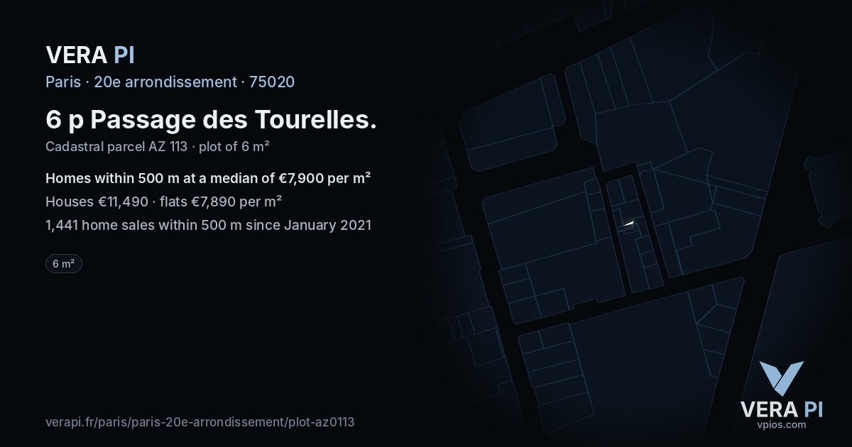 6 p Passage des Tourelles, 20e arrondissement at night – the plot lit, the parcels around coloured by the prices near them