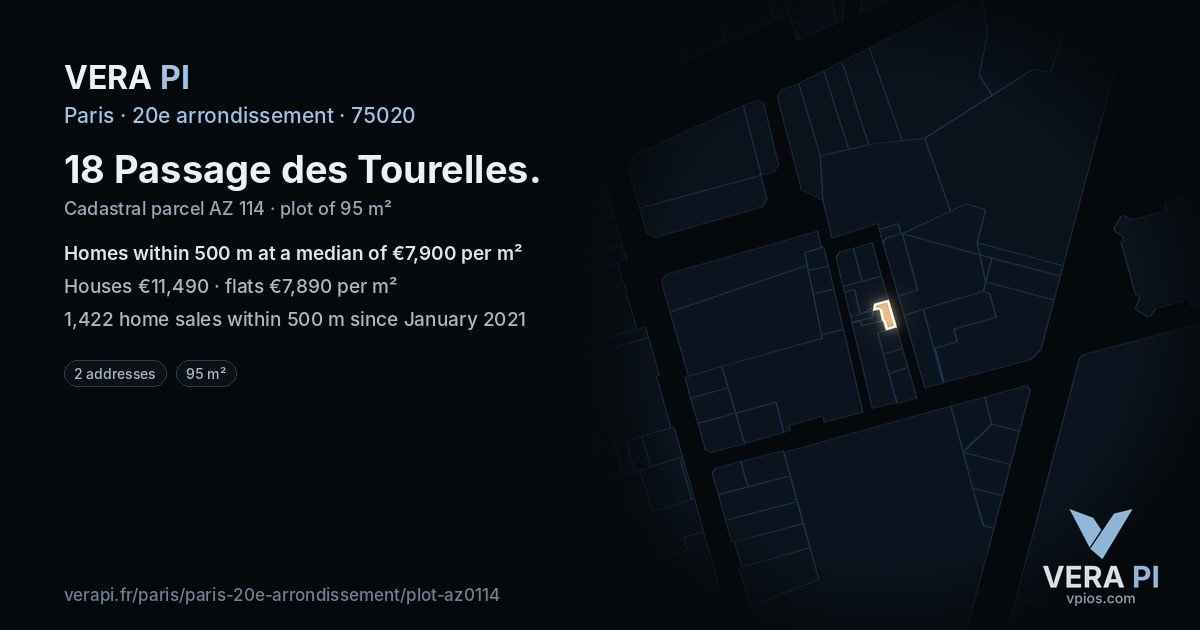 18 Passage des Tourelles, 20e arrondissement at night – the plot lit, the parcels around coloured by the prices near them