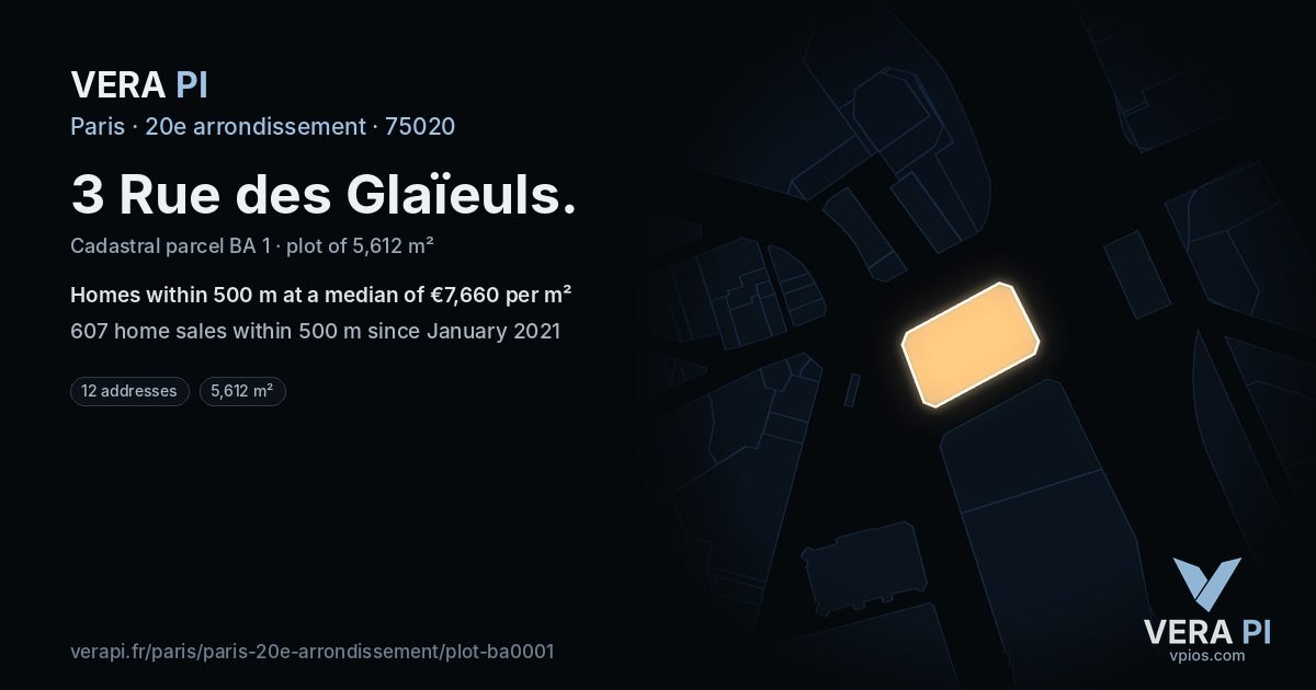 3 Rue des Glaïeuls, 20e arrondissement at night – the plot lit, the parcels around coloured by the prices near them