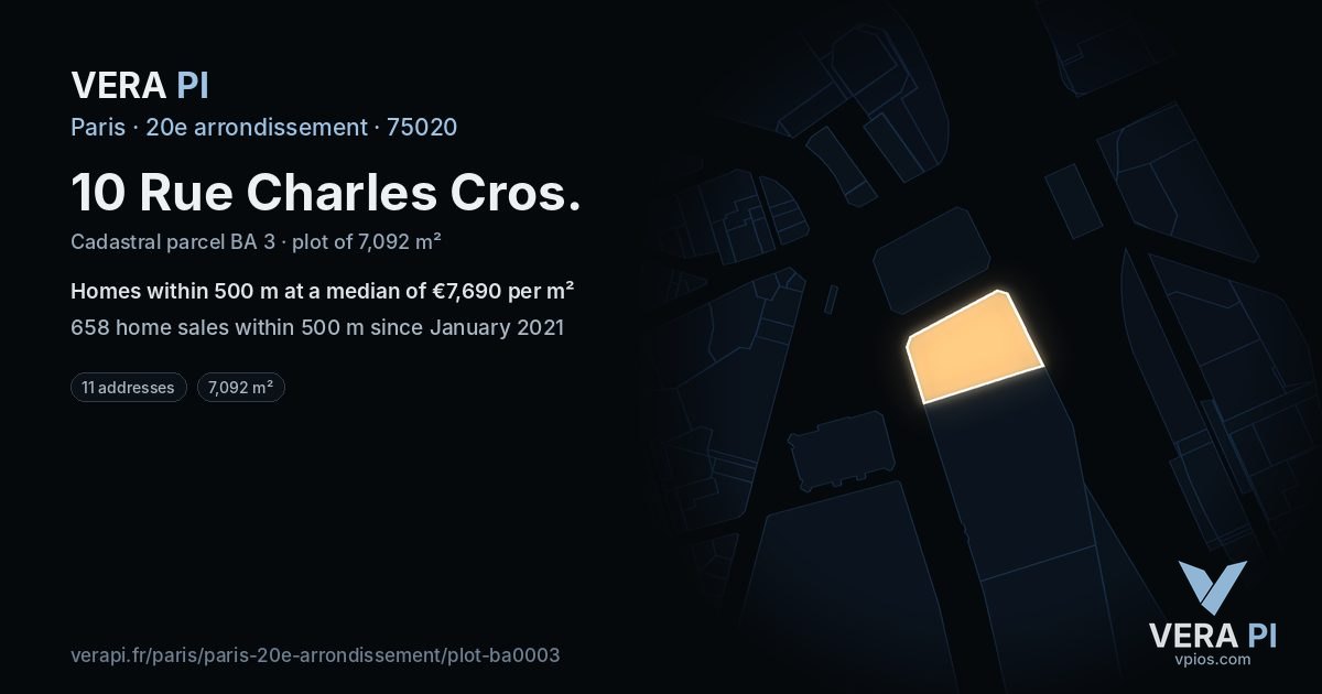 10 Rue Charles Cros, 20e arrondissement at night – the plot lit, the parcels around coloured by the prices near them