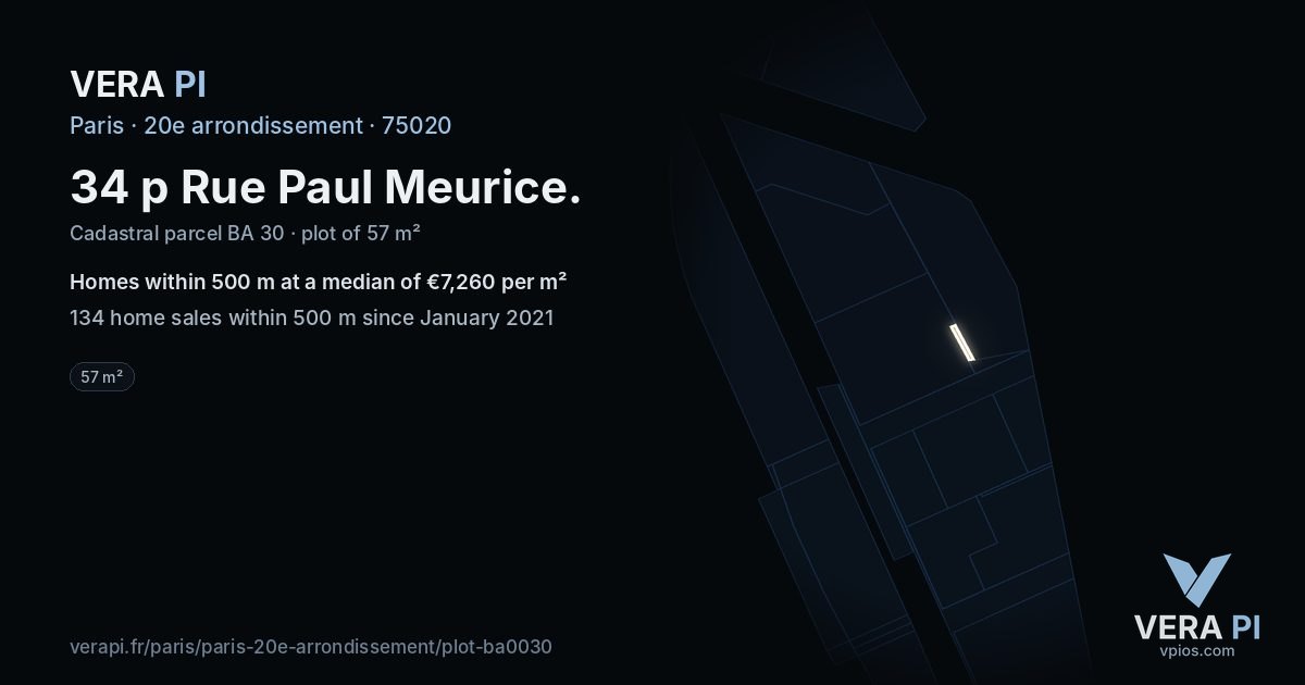 34 p Rue Paul Meurice, 20e arrondissement at night – the plot lit, the parcels around coloured by the prices near them