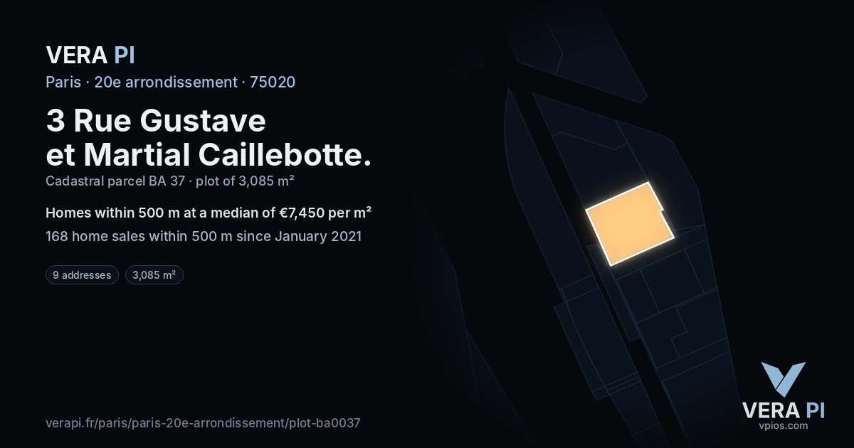 3 Rue Gustave et Martial Caillebotte, 20e arrondissement at night – the plot lit, the parcels around coloured by the prices near them