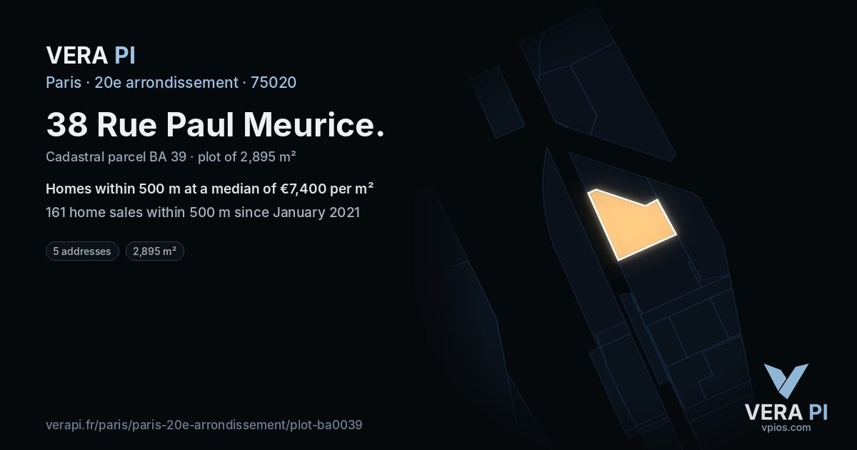 38 Rue Paul Meurice, 20e arrondissement at night – the plot lit, the parcels around coloured by the prices near them