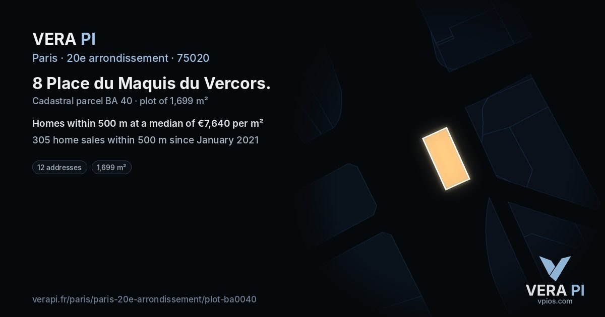 8 Place du Maquis du Vercors, 20e arrondissement at night – the plot lit, the parcels around coloured by the prices near them