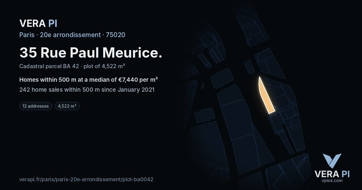 35 Rue Paul Meurice, 20e arrondissement at night – the plot lit, the parcels around coloured by the prices near them