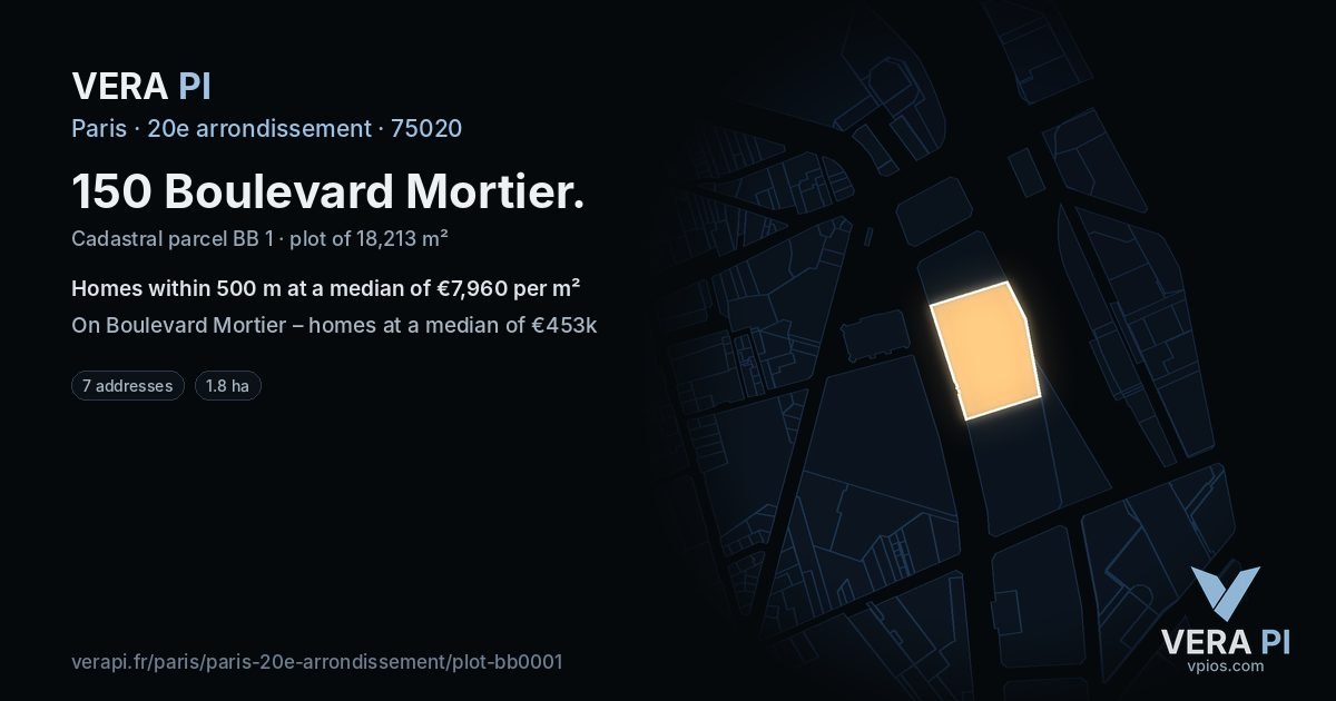 150 Boulevard Mortier, 20e arrondissement at night – the plot lit, the parcels around coloured by the prices near them