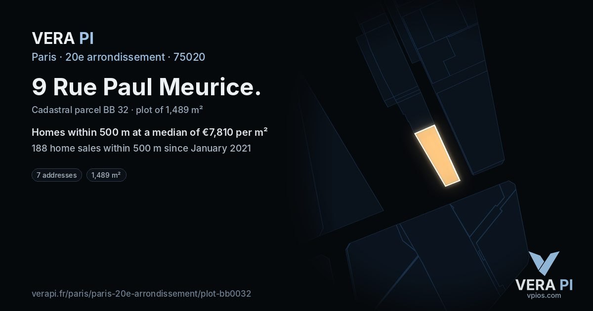 9 Rue Paul Meurice, 20e arrondissement at night – the plot lit, the parcels around coloured by the prices near them