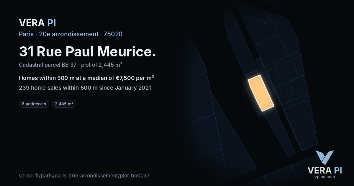 31 Rue Paul Meurice, 20e arrondissement at night – the plot lit, the parcels around coloured by the prices near them