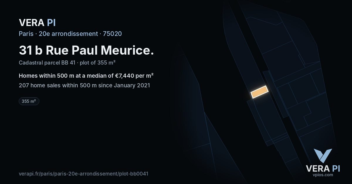 31 b Rue Paul Meurice, 20e arrondissement at night – the plot lit, the parcels around coloured by the prices near them