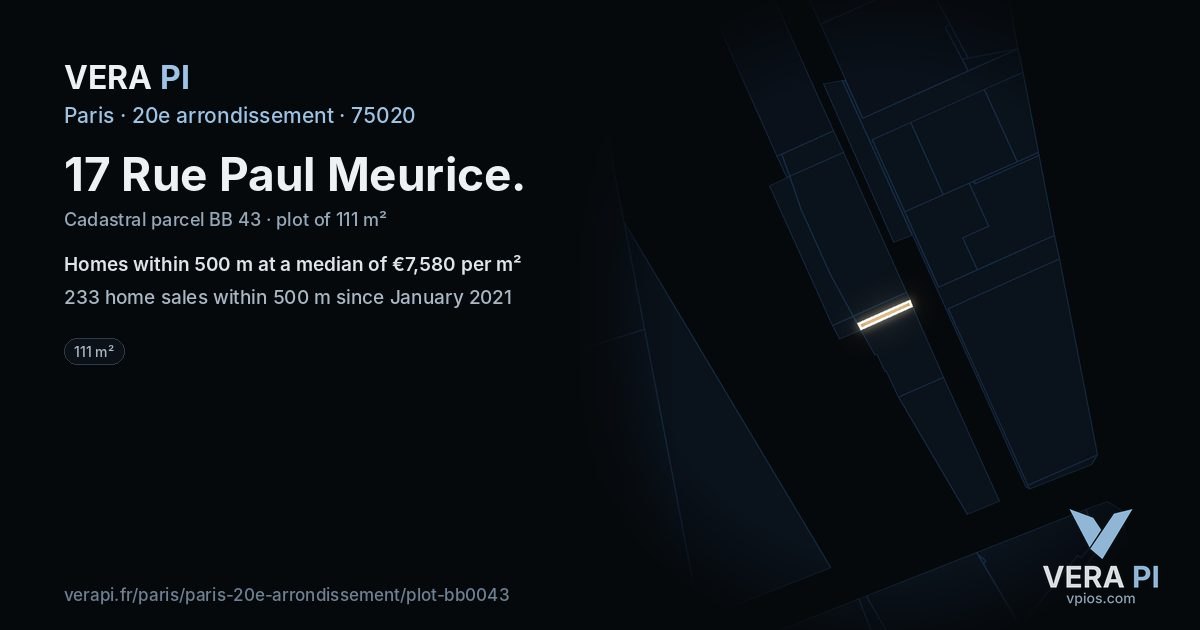 17 Rue Paul Meurice, 20e arrondissement at night – the plot lit, the parcels around coloured by the prices near them