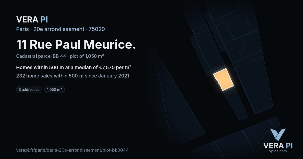 11 Rue Paul Meurice, 20e arrondissement at night – the plot lit, the parcels around coloured by the prices near them