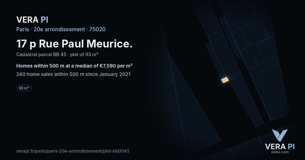 17 p Rue Paul Meurice, 20e arrondissement at night – the plot lit, the parcels around coloured by the prices near them