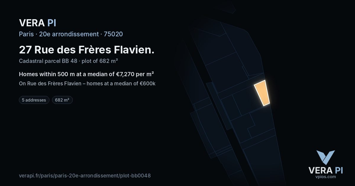 27 Rue des Frères Flavien, 20e arrondissement at night – the plot lit, the parcels around coloured by the prices near them