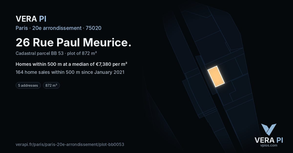 26 Rue Paul Meurice, 20e arrondissement at night – the plot lit, the parcels around coloured by the prices near them