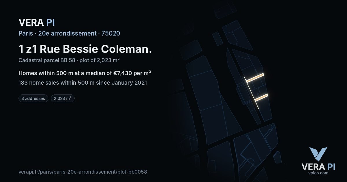 1 z1 Rue Bessie Coleman, 20e arrondissement at night – the plot lit, the parcels around coloured by the prices near them