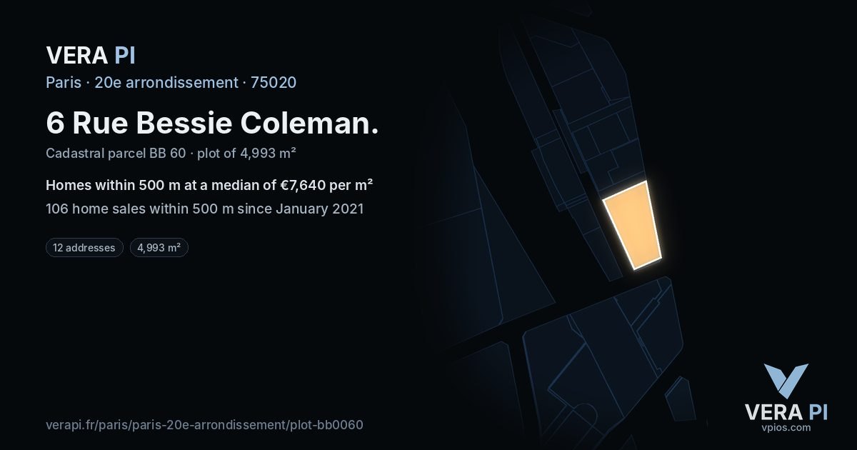 6 Rue Bessie Coleman, 20e arrondissement at night – the plot lit, the parcels around coloured by the prices near them