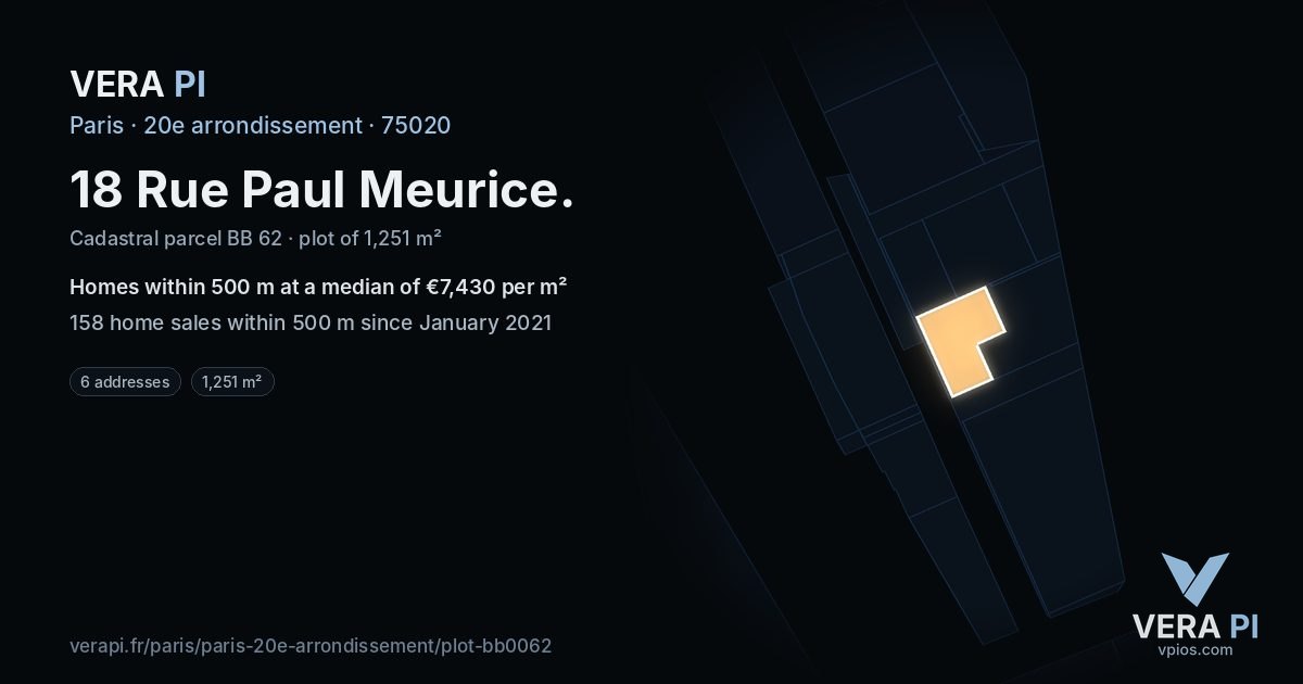 18 Rue Paul Meurice, 20e arrondissement at night – the plot lit, the parcels around coloured by the prices near them
