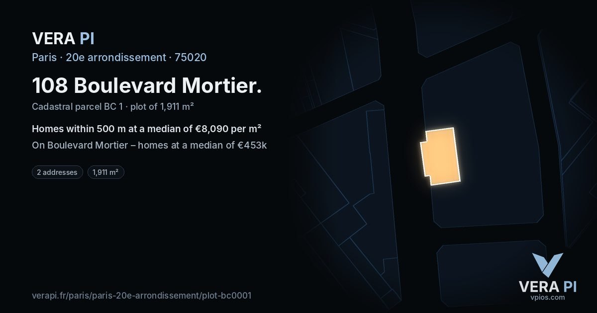 108 Boulevard Mortier, 20e arrondissement at night – the plot lit, the parcels around coloured by the prices near them