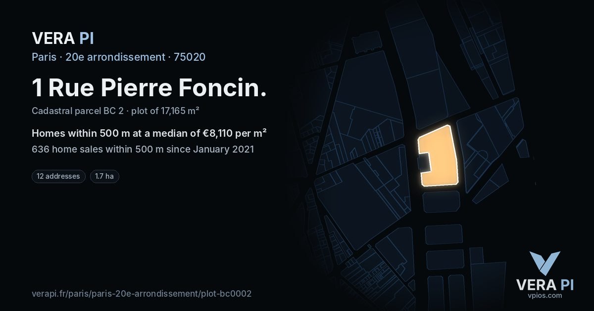 1 Rue Pierre Foncin, 20e arrondissement at night – the plot lit, the parcels around coloured by the prices near them