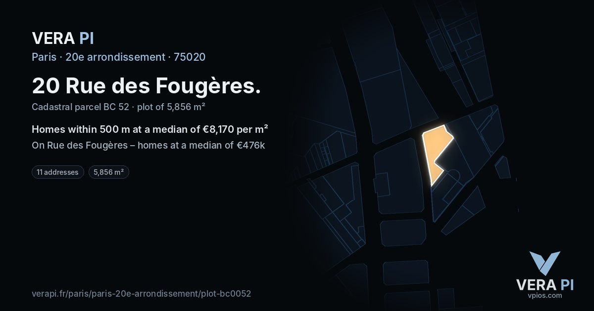 20 Rue des Fougères, 20e arrondissement at night – the plot lit, the parcels around coloured by the prices near them