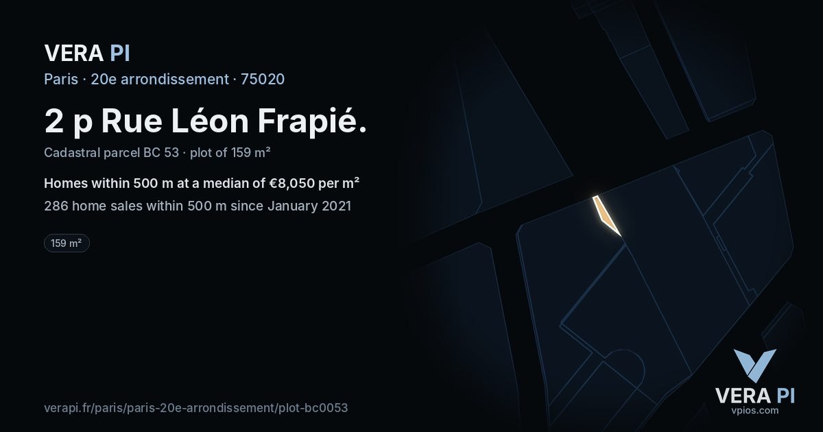 2 p Rue Léon Frapié, 20e arrondissement at night – the plot lit, the parcels around coloured by the prices near them