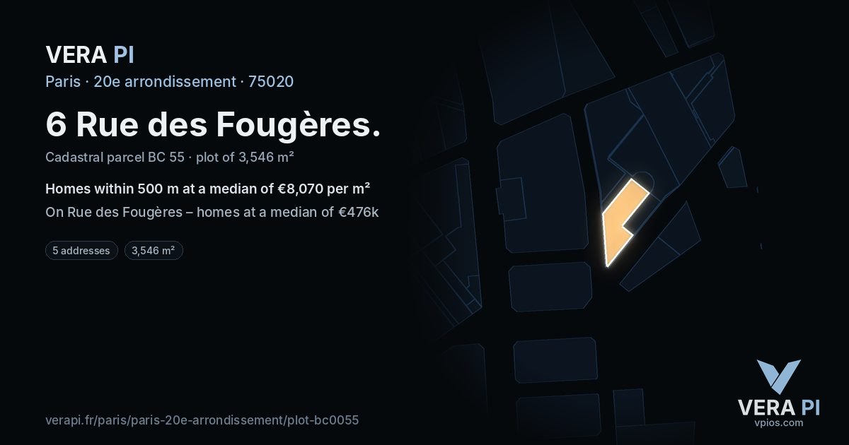 6 Rue des Fougères, 20e arrondissement at night – the plot lit, the parcels around coloured by the prices near them