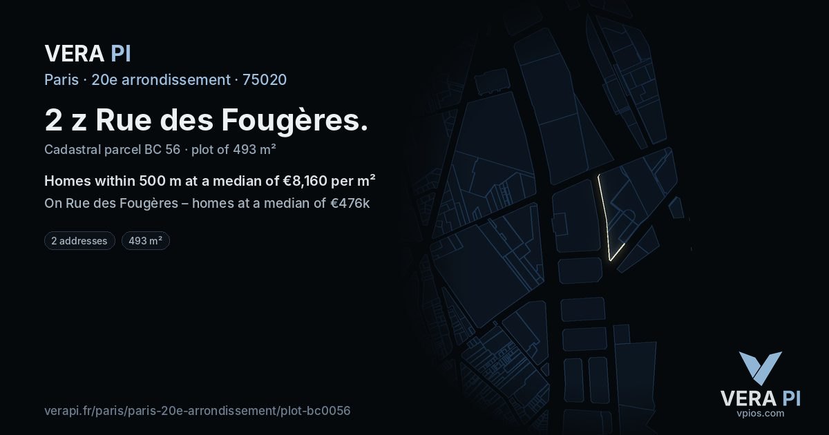2 z Rue des Fougères, 20e arrondissement at night – the plot lit, the parcels around coloured by the prices near them