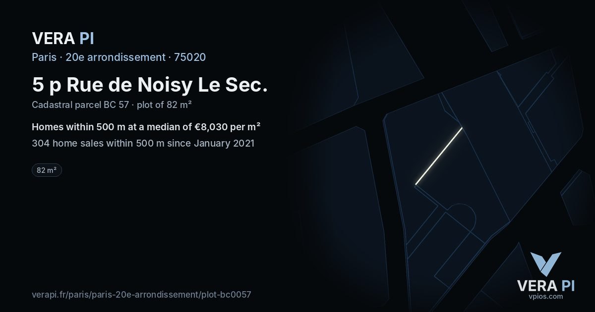 5 p Rue de Noisy Le Sec, 20e arrondissement at night – the plot lit, the parcels around coloured by the prices near them