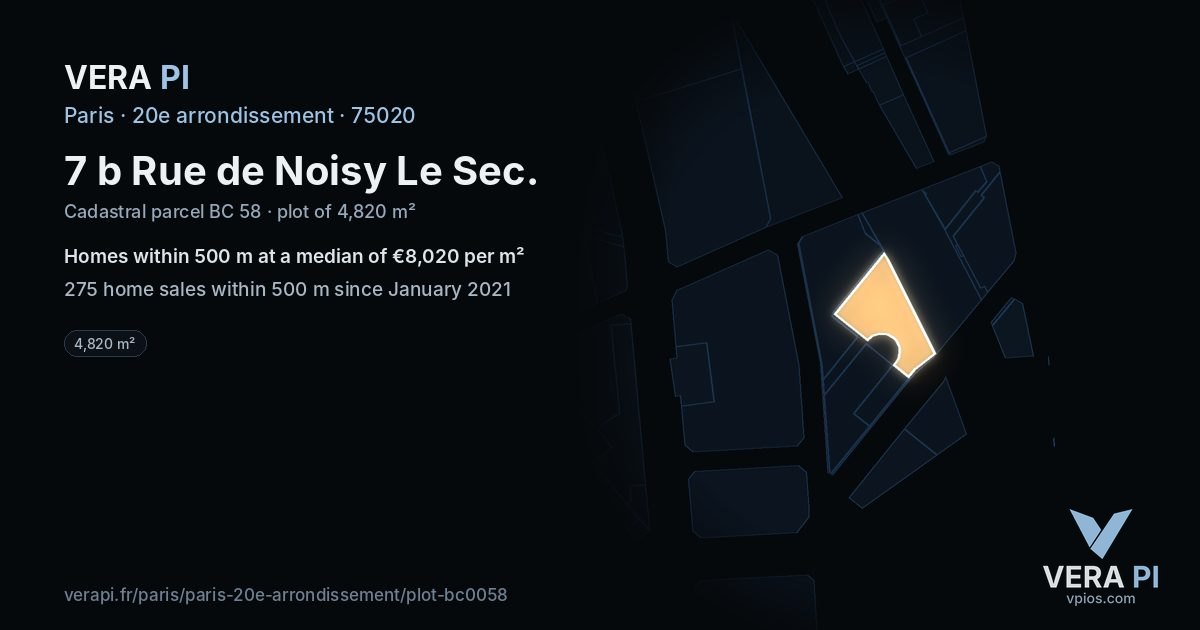 7 b Rue de Noisy Le Sec, 20e arrondissement at night – the plot lit, the parcels around coloured by the prices near them