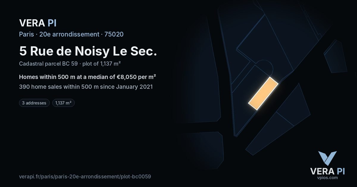 5 Rue de Noisy Le Sec, 20e arrondissement at night – the plot lit, the parcels around coloured by the prices near them