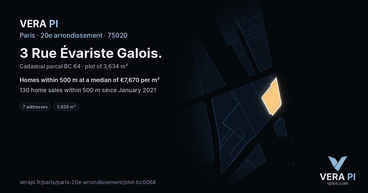 3 Rue Évariste Galois, 20e arrondissement at night – the plot lit, the parcels around coloured by the prices near them
