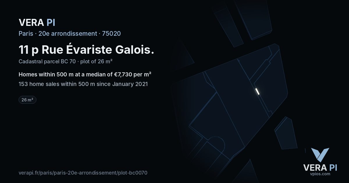 11 p Rue Évariste Galois, 20e arrondissement at night – the plot lit, the parcels around coloured by the prices near them