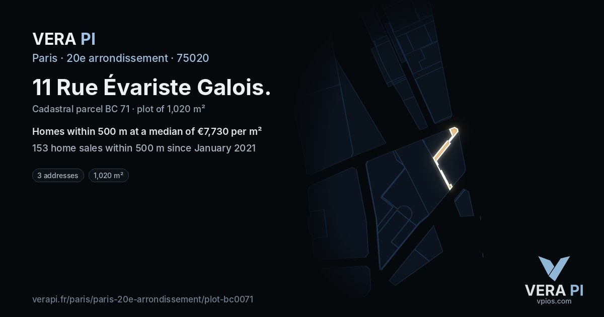 11 Rue Évariste Galois, 20e arrondissement at night – the plot lit, the parcels around coloured by the prices near them