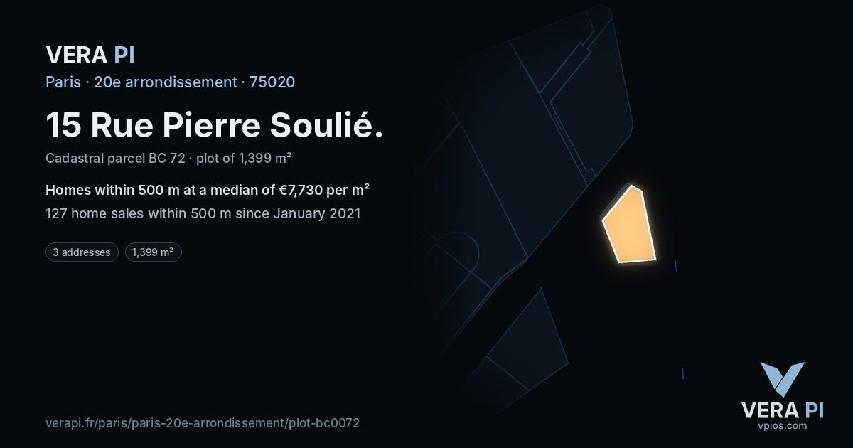 15 Rue Pierre Soulié, 20e arrondissement at night – the plot lit, the parcels around coloured by the prices near them