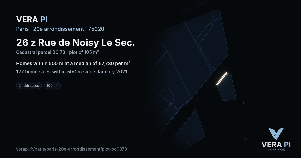 26 z Rue de Noisy Le Sec, 20e arrondissement at night – the plot lit, the parcels around coloured by the prices near them