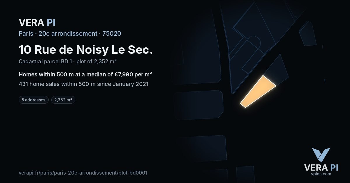 10 Rue de Noisy Le Sec, 20e arrondissement at night – the plot lit, the parcels around coloured by the prices near them