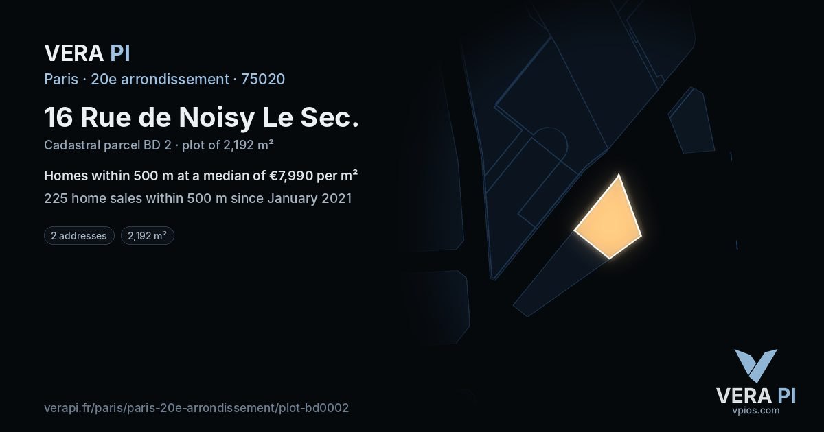 16 Rue de Noisy Le Sec, 20e arrondissement at night – the plot lit, the parcels around coloured by the prices near them