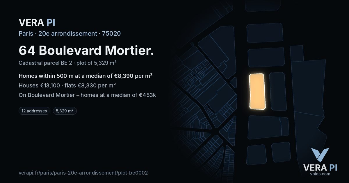 64 Boulevard Mortier, 20e arrondissement at night – the plot lit, the parcels around coloured by the prices near them