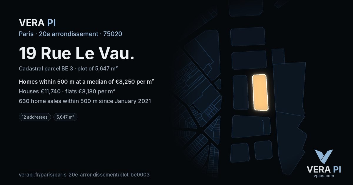 19 Rue Le Vau, 20e arrondissement at night – the plot lit, the parcels around coloured by the prices near them