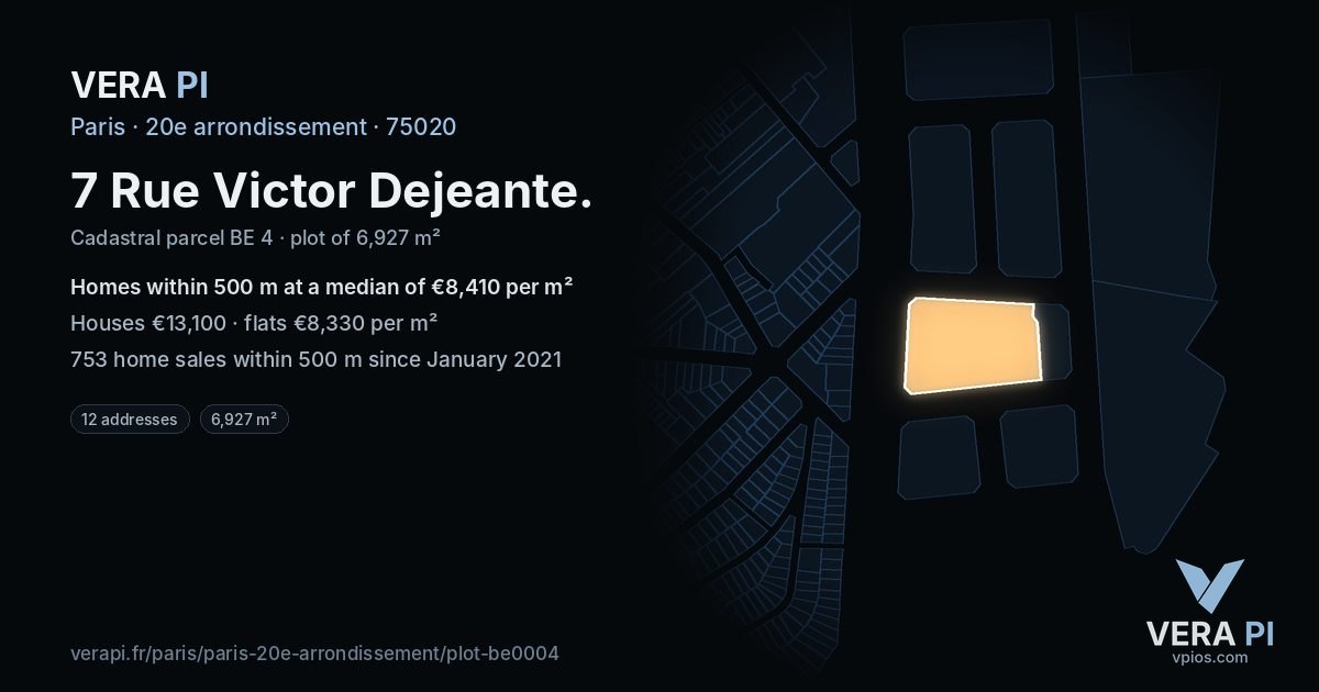 7 Rue Victor Dejeante, 20e arrondissement at night – the plot lit, the parcels around coloured by the prices near them