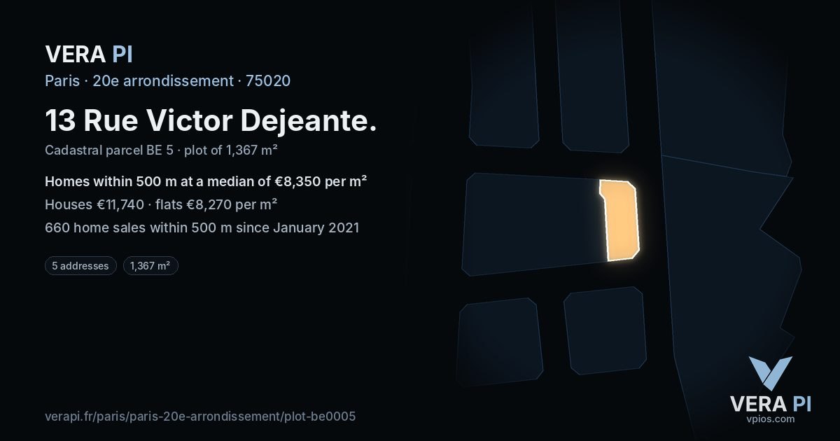 13 Rue Victor Dejeante, 20e arrondissement at night – the plot lit, the parcels around coloured by the prices near them