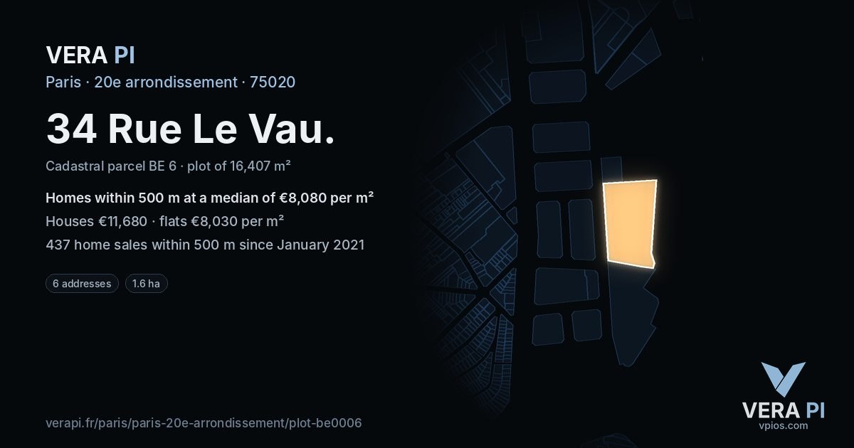 34 Rue Le Vau, 20e arrondissement at night – the plot lit, the parcels around coloured by the prices near them