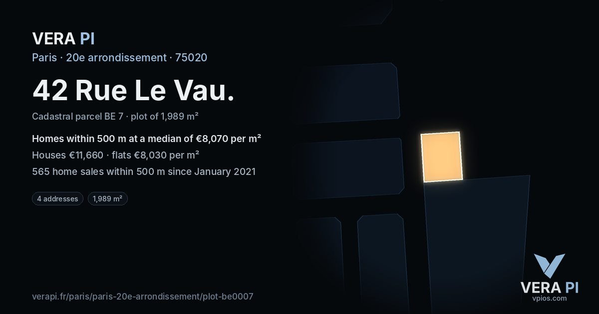 42 Rue Le Vau, 20e arrondissement at night – the plot lit, the parcels around coloured by the prices near them