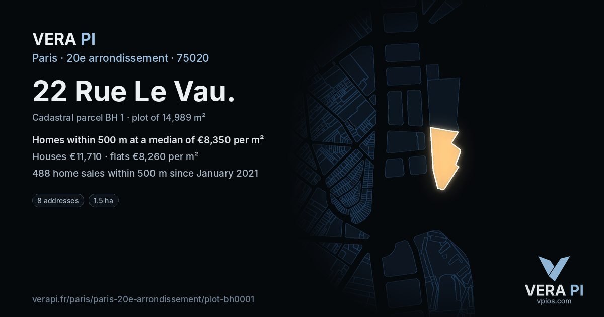 22 Rue Le Vau, 20e arrondissement at night – the plot lit, the parcels around coloured by the prices near them