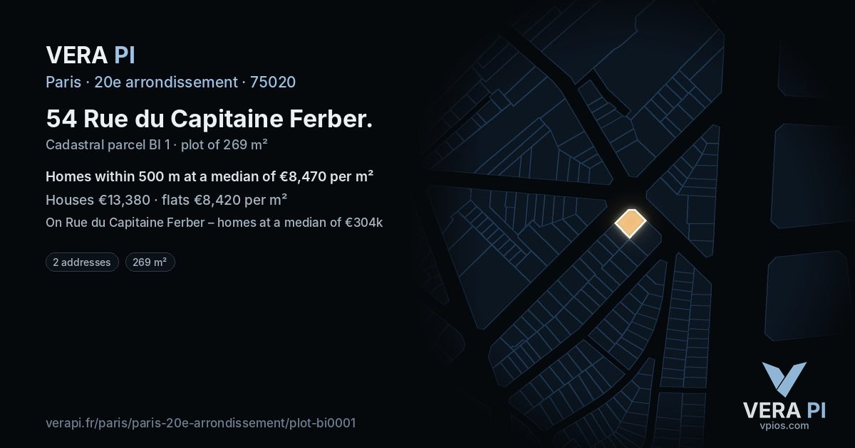 54 Rue du Capitaine Ferber, 20e arrondissement at night – the plot lit, the parcels around coloured by the prices near them