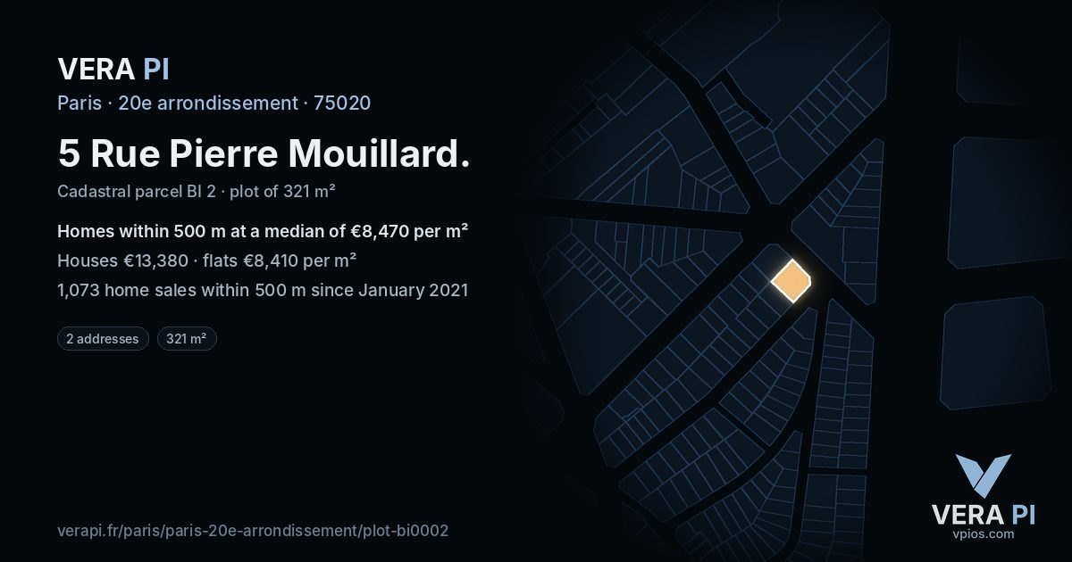 5 Rue Pierre Mouillard, 20e arrondissement at night – the plot lit, the parcels around coloured by the prices near them