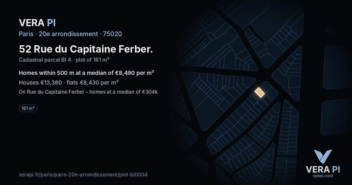 52 Rue du Capitaine Ferber, 20e arrondissement at night – the plot lit, the parcels around coloured by the prices near them