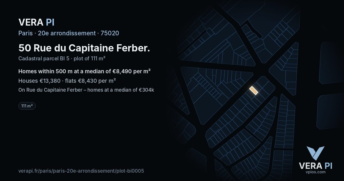 50 Rue du Capitaine Ferber, 20e arrondissement at night – the plot lit, the parcels around coloured by the prices near them